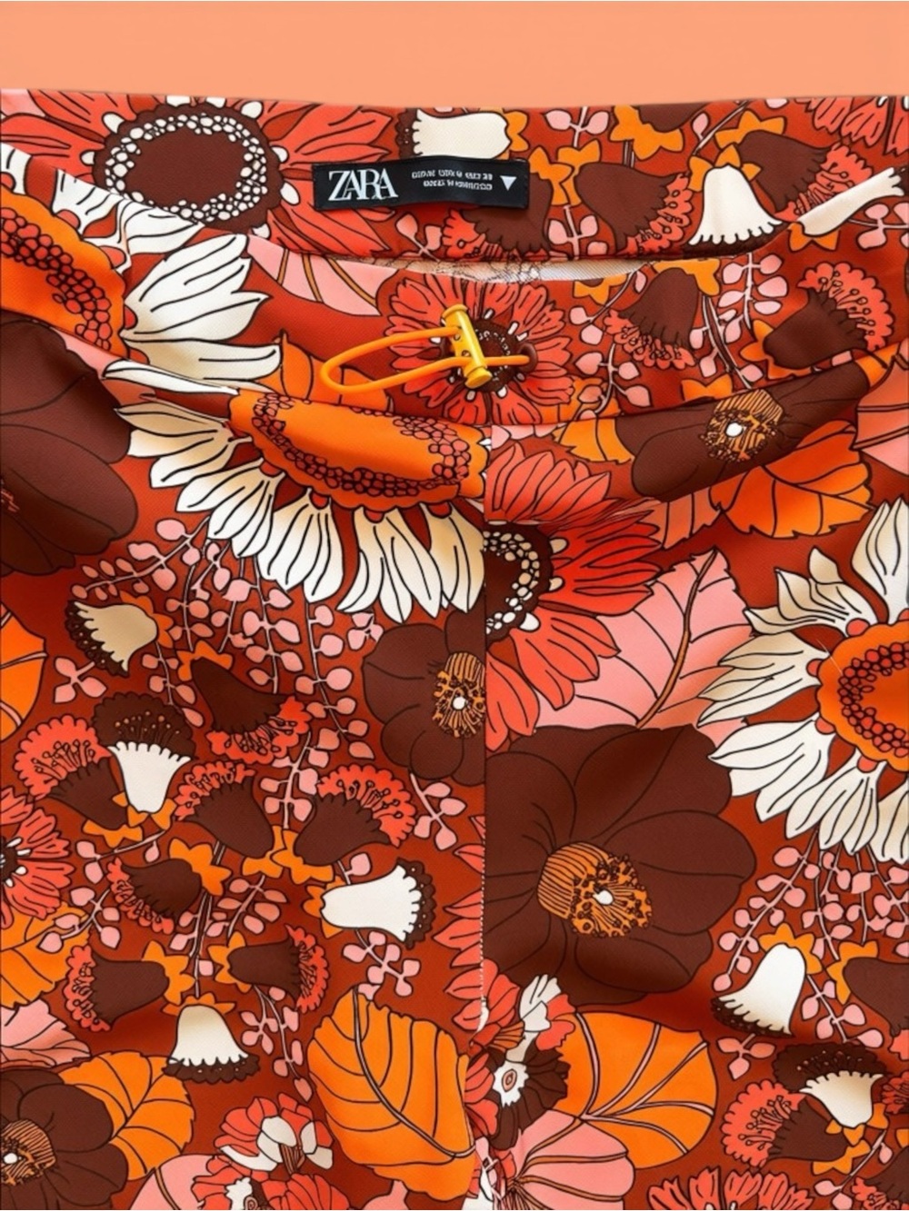 Zara Retro Floral Flare Pants - Orange Brown White - Picture 3 of 3